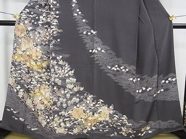 平和屋着物○上質な色無地 流水御所車花地紋 向日葵色 正絹 逸品