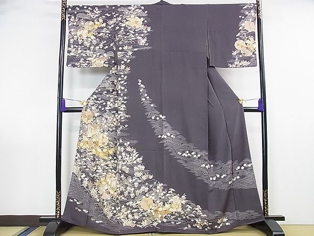 平和屋本店■極上　訪問着　駒刺繍　御所車立波花文　金彩　羊羹色地　鈴乃屋扱い　反端付き　逸品　DZAA0981kh4