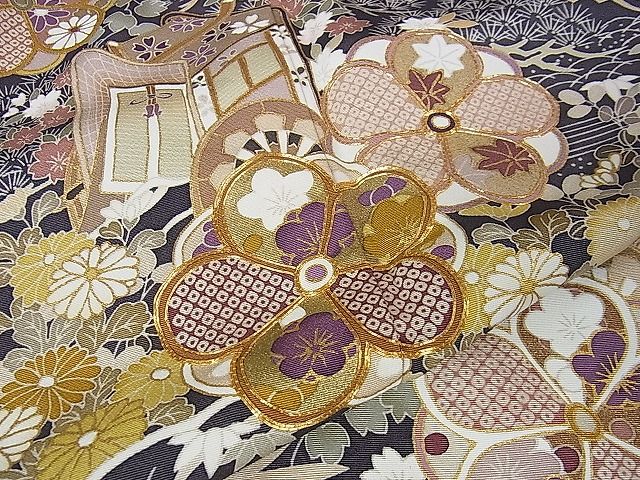 平和屋本店□極上 訪問着 駒刺繍 御所車立波花文 金彩 羊羹色