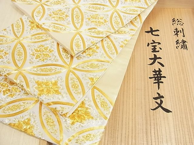 平和屋本店■最高級 太鼓柄袋帯 総駒刺繍 七宝大華文 金銀糸 共箱付き 正絹 逸品 KAAA10563kk4