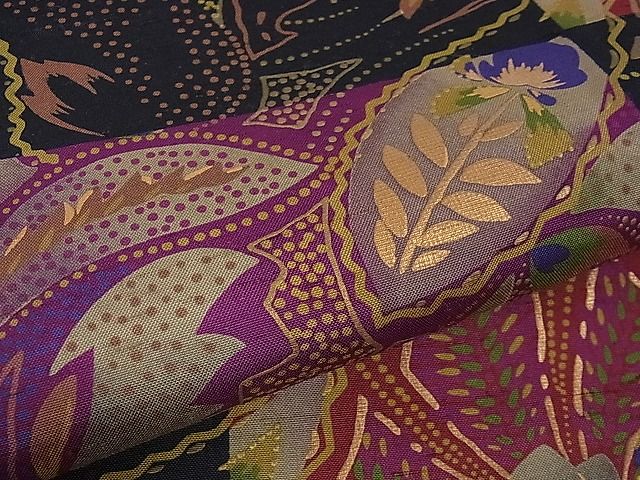 平和屋本店■極上 石川県指定無形文化財 牛首紬 白山工房 手織り 前田仁仙 仁仙更紗 全通柄袋帯 市松 黒地 金彩 証紙付き 逸品 DZAA1098kh4 平和屋本店□極上 石川県指定無形文化財 牛首紬 白山工房 手織り