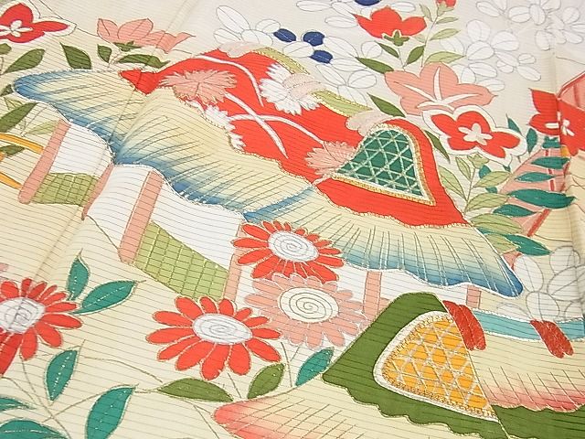 平和屋2■希少　夏物　アンティーク　大正ロマン　振袖　絽　駒刺繍　手刺繍　流水花文　金銀彩　逸品　DZAA1189kh4