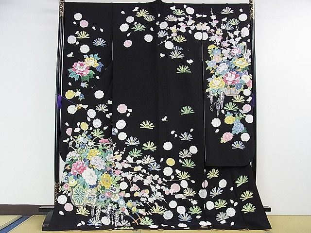 平和屋本店□極上 振袖 友禅 作家物 吉祥花車文 黒地 逸品 DZAA1325kh4