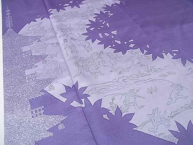 平和屋本店■極上　手彫木版染　佐伯武晴　訪問着　紬地　鳥獣戯画　やまと金ラベル　逸品　未使用　DZAA1447kh4 平和屋本店□極上 手彫木版染 佐伯武晴 訪問着 紬地 鳥獣