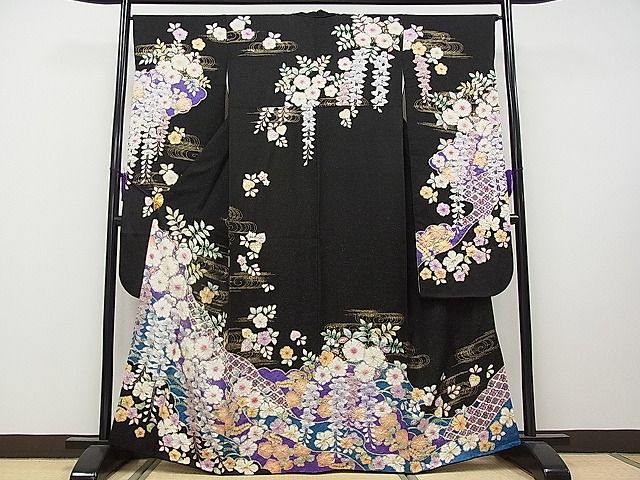 平和屋本店■極上 越後十日町の一流染匠 桐屋・翠山工房 徳永憲峯 振袖 辻が花 絞り 黒地 金通し地 ますいわ屋扱い 逸品 CYAA0295s4