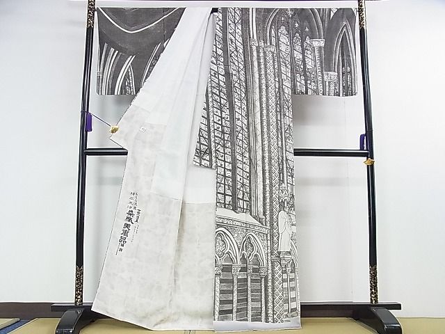 平和屋本店●極上 琉染の創設者 山岡古都　水墨書 かちん漆黒　細密画法　訪問着　世界遺産　フランスサントーシャペル　逸品　DZAA1558kh4 平和屋本店○極上 琉染の創設者 山岡古都 水墨書 かちん漆黒 細密画法