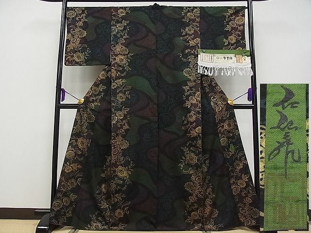 平和屋本店■極上 石川県指定無形文化財 牛首紬 角印 白山工房 手織り 前田仁仙 仁仙更紗 花唐草文 金彩 証紙付き 逸品 CYAA0405s4