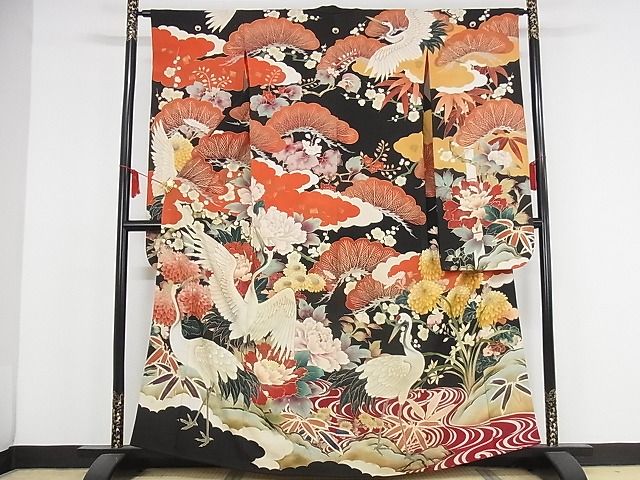 平和屋本店□極上 アンティーク 大正ロマン 振袖 刺繍 松竹梅飛鶴花文 金彩