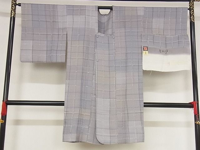 平和屋本店■極上　染色作家　斉藤三才　道行コート　単衣　格子　ロング丈　反端付き　正絹　逸品　KAAA1422kk4