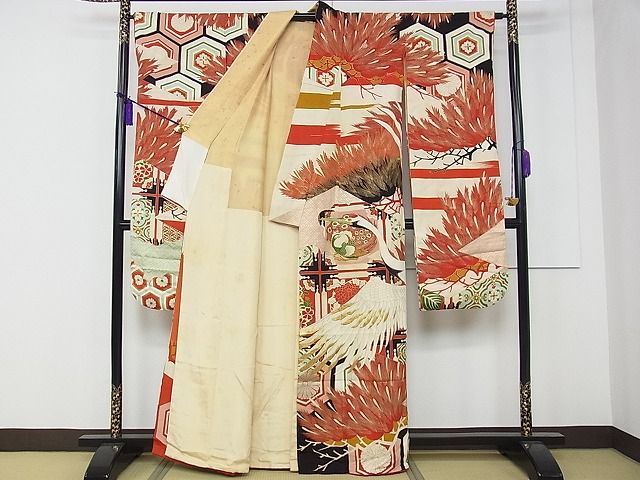 平和屋本店□極上 アンティーク 大正ロマン 振袖 刺繍 飛鶴吉祥文 黒地