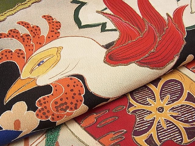 平和屋本店□極上 アンティーク 大正ロマン 振袖 駒刺繍 桐竹鳳凰吉祥文