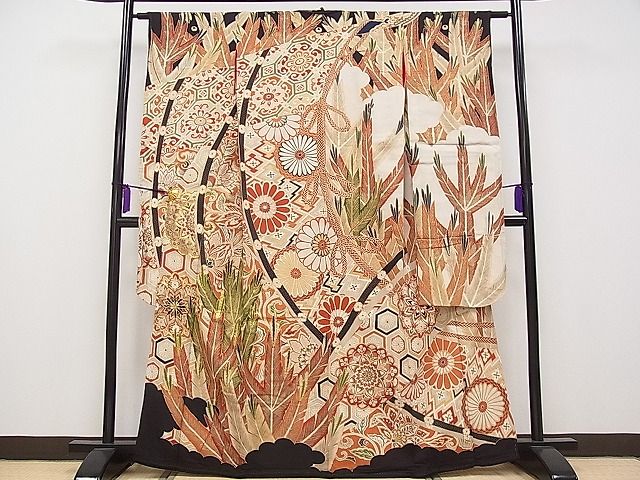 平和屋本店□極上 アンティーク 大正ロマン 振袖 駒刺繍 几帳正倉院花