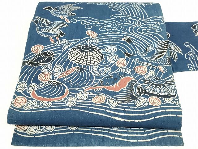 平和屋本店■極上　浦野理一　型染　本藍　九寸名古屋帯　紬地　立波に雁貝　正絹　逸品　未使用　KAAA1520kk4