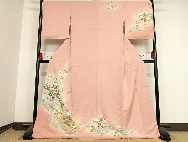 平和屋着物■訪問着　草花文　松竹梅　暈し染め　金銀彩　ロング丈　正絹　逸品　AAAJ8351Bzg