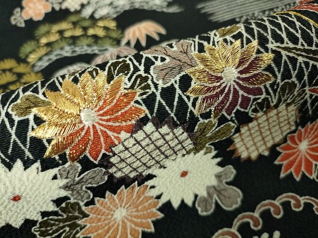 平和屋本店●極上　九寸名古屋帯　刺繍　友禅　網干　水辺吉祥風景　黒地　鬼しぼ縮緬　金糸　逸品　未使用　DZAA1901kh4_4