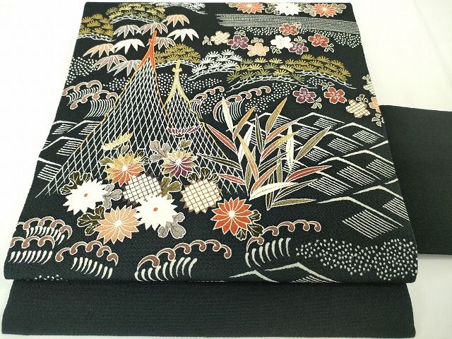 平和屋本店■極上　九寸名古屋帯　刺繍　友禅　網干　水辺吉祥風景　黒地　鬼しぼ縮緬　金糸　逸品　未使用　DZAA1901kh4