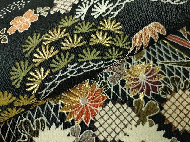 平和屋本店●極上　九寸名古屋帯　刺繍　友禅　網干　水辺吉祥風景　黒地　鬼しぼ縮緬　金糸　逸品　未使用　DZAA1901kh4 平和屋本店○極上 九寸名古屋帯 刺繍 友禅 網干 水辺吉祥風景 黒地 鬼