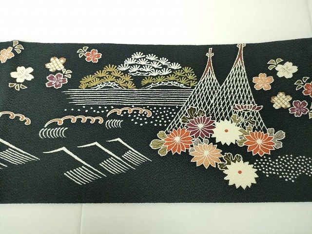 平和屋本店●極上　九寸名古屋帯　刺繍　友禅　網干　水辺吉祥風景　黒地　鬼しぼ縮緬　金糸　逸品　未使用　DZAA1901kh4_5