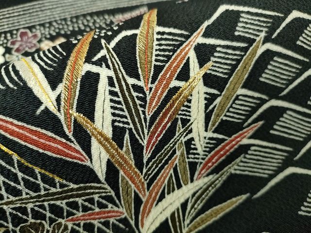 平和屋本店●極上　九寸名古屋帯　刺繍　友禅　網干　水辺吉祥風景　黒地　鬼しぼ縮緬　金糸　逸品　未使用　DZAA1901kh4 平和屋本店○極上 九寸名古屋帯 刺繍 友禅 網干 水辺吉祥風景 黒地 鬼