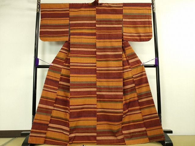 平和屋本店■極上　郡上紬　草木染　横段文　西武百貨店扱い　逸品　未使用　DZAA1959kh4