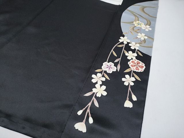 平和屋本店■極上　訪問着　駒刺繍　夜桜　鴛鴦　黒地　銀彩　逸品　CYAA0641s4 平和屋本店□極上 訪問着 駒刺繍 夜桜 鴛鴦 黒地 銀彩 逸品 CYAA0641s4