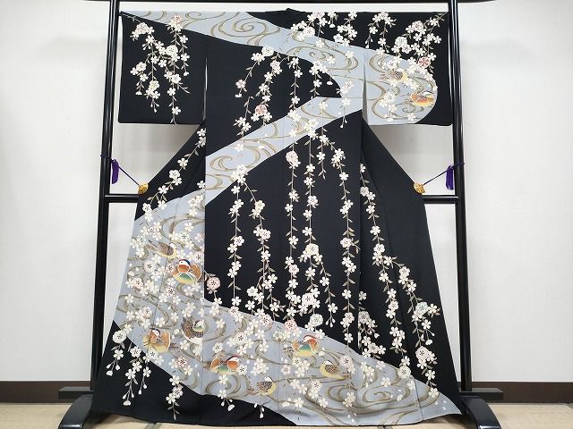 平和屋本店■極上　訪問着　駒刺繍　夜桜　鴛鴦　黒地　銀彩　逸品　CYAA0641s4