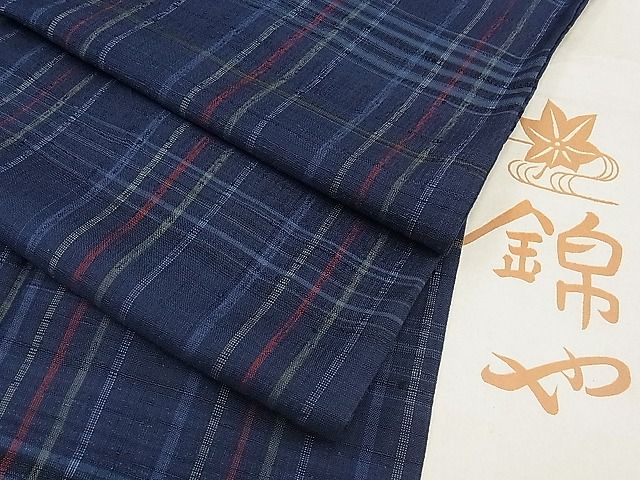 平和屋本店■極上　日本橋人形町　創業70年　錦や　郡上紬　草木染　単衣　格子柄　たとう紙付き　逸品　CYAA0246s4