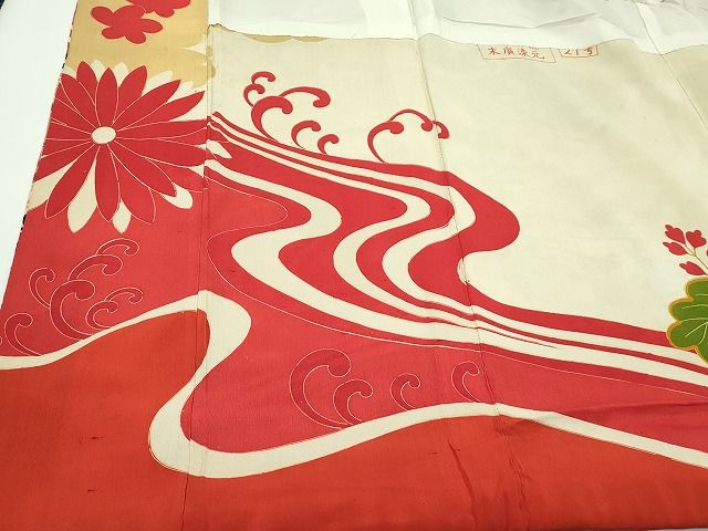 平和屋本店□極上 アンティーク 振袖 駒刺繍 飛鶴鼓吉祥花文 黒地