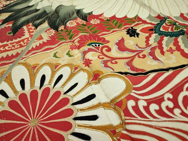 平和屋本店□極上 アンティーク 振袖 駒刺繍 飛鶴鼓吉祥花文 黒地