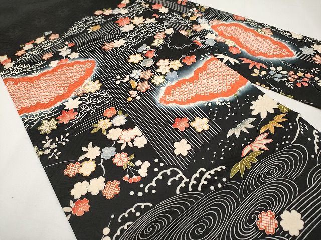 平和屋本店●極上　九寸名古屋帯　絞り　駒刺繍　雲取り流水枝花文　黒地　逸品　未使用　CYAA0717s4_1