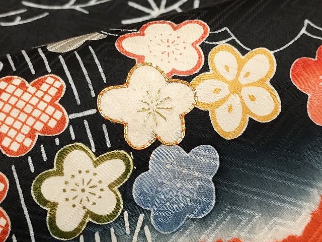 平和屋本店●極上　九寸名古屋帯　絞り　駒刺繍　雲取り流水枝花文　黒地　逸品　未使用　CYAA0717s4_3