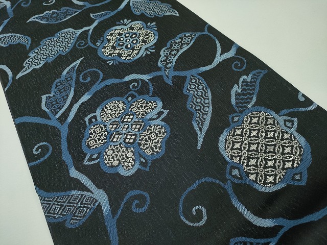 平和屋本店□極上 スリーシーズン 六通柄袋帯 花唐草吉祥文 黒地 銀糸