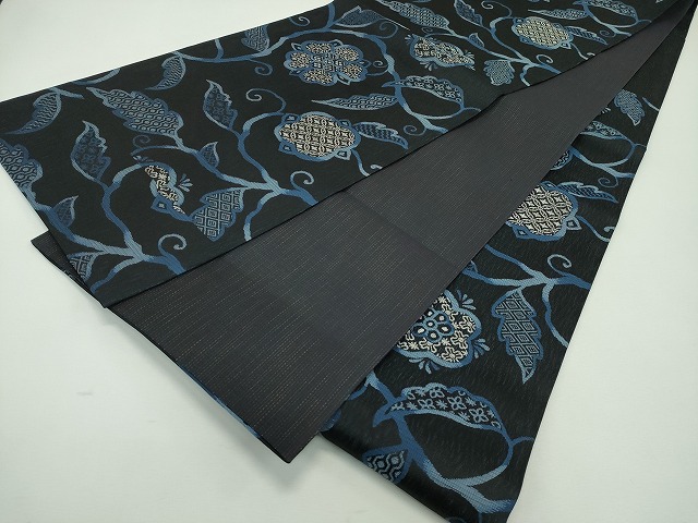 平和屋本店□極上 スリーシーズン 六通柄袋帯 花唐草吉祥文 黒地 銀糸
