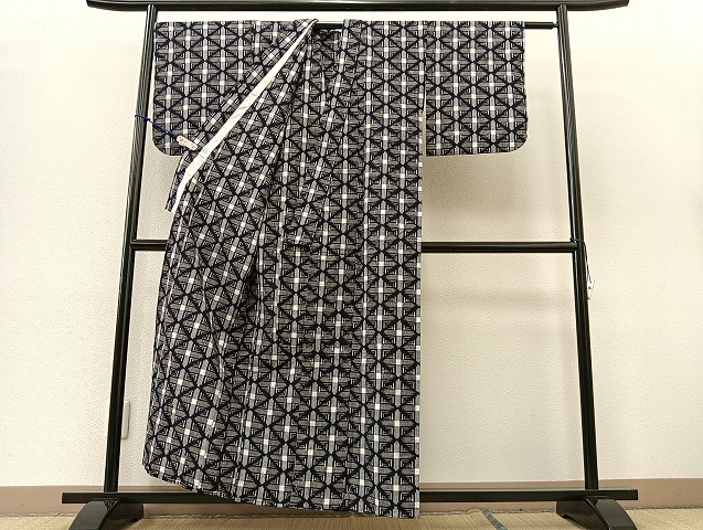 平和屋着物○久留米絣 単衣 綿 格子柄 逸品 BAAK8032my