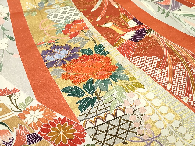 平和屋本店□極上 創業460年・千總 振袖 駒刺繍 鳳凰鴛鴦草花文 金彩