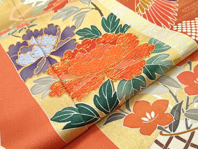 平和屋本店□極上 創業460年・千總 振袖 駒刺繍 鳳凰鴛鴦草花文 金彩