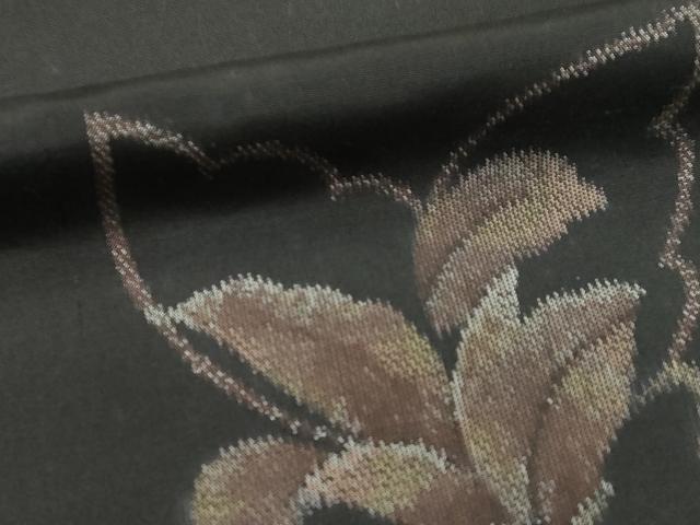 平和屋着物○上質な紬 葉文 黒地 正絹 逸品 AAAO0328ck