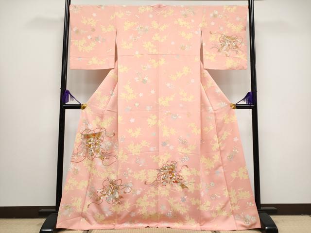 平和屋本店■極上　創業460年・千總　訪問着　刺繍　几帳鳳凰吉祥花文　金彩　珊瑚色地　逸品　CYAA2999s5