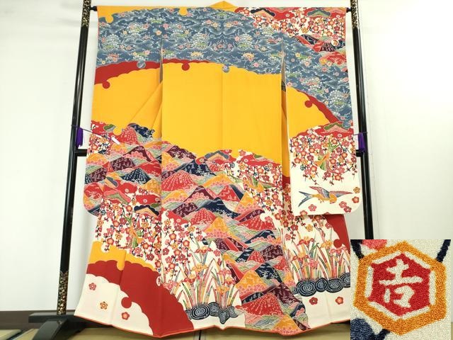 平和屋本店□極上 和染紅型 栗山紅型 栗山吉三郎 振袖 重ね山花鳥