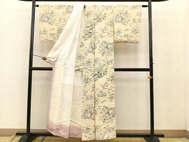 平和屋着物□上質な小紋 菊 流水板橋花文 鬼しぼ縮緬 正絹 逸品 平和屋着物□上質な小紋 菊 流水板橋花文 鬼しぼ縮緬 正絹 逸品
