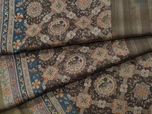 平和屋着物▽上質な紬　単衣　動物花間道　正絹　逸品　CAAQ0048vf