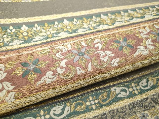 平和屋着物○六通柄袋帯 唐織 横段花文 金糸 正絹 逸品