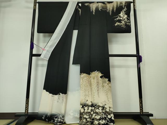 平和屋本店■極上　訪問着　単衣　駒刺繍　藤花房　饅頭菊　黒地　金彩　逸品　DZAA5018kh5 平和屋本店□極上 訪問着 単衣 駒刺繍 藤花房 饅頭菊 黒地