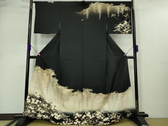 平和屋本店■極上　訪問着　単衣　駒刺繍　藤花房　饅頭菊　黒地　金彩　逸品　DZAA5018kh5