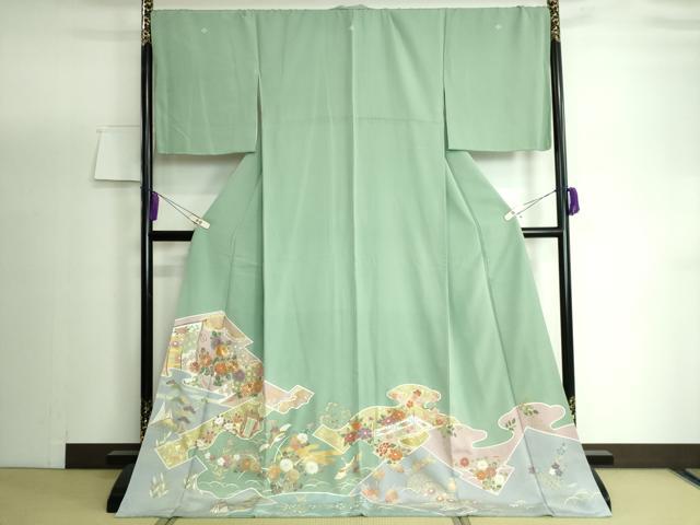 平和屋着物●豪華色留袖　駒刺繍　飛鶴吉祥花文　金彩　ロング丈　正絹　逸品　DAAP1883ic
