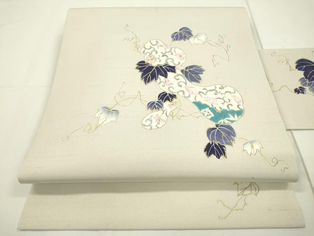 平和屋着物●九寸名古屋帯　紬地　手描き　瓢箪　金彩　正絹　逸品　DAAR0704fe
