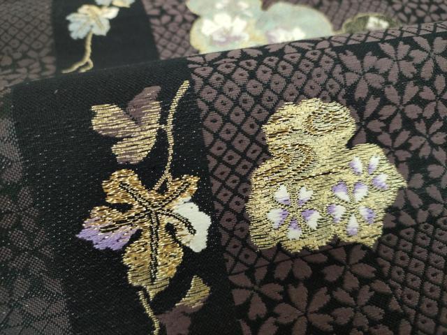 平和屋着物●六通柄袋帯　蔦の葉花文　黒地　金銀糸　正絹　逸品　DAAQ3051ps 平和屋着物○六通柄袋帯 蔦の葉花文 黒地 金銀糸