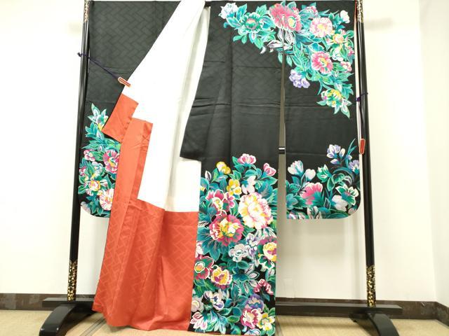 平和屋着物○豪華振袖 草花文 黒地 金彩 正絹 逸品 DAAR0318yyy