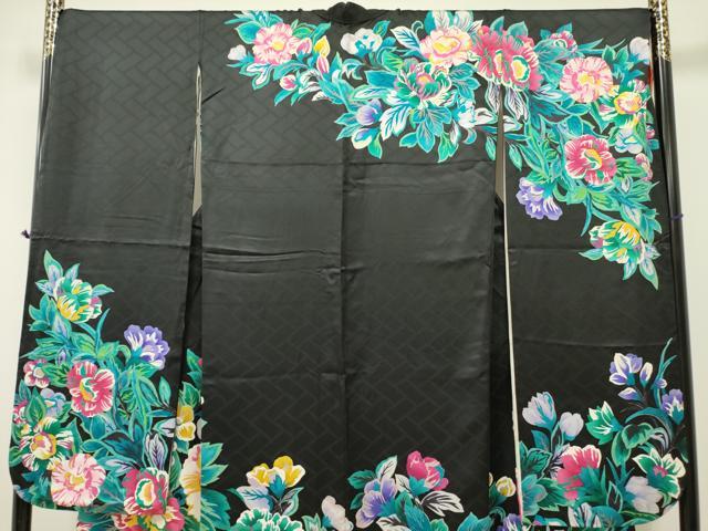 平和屋着物●豪華振袖　草花文　黒地　金彩　正絹　逸品　DAAR0318yyy 平和屋着物○豪華振袖 草花文 黒地 金彩 正絹 逸品 DAAR0318yyy