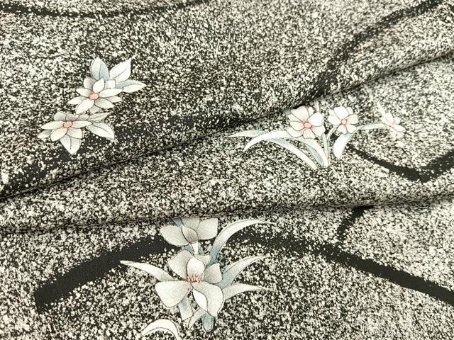 平和屋着物▽上質な小紋　単衣　舞花文　たたき染め　黒地　正絹　逸品　BAAS7852yc
